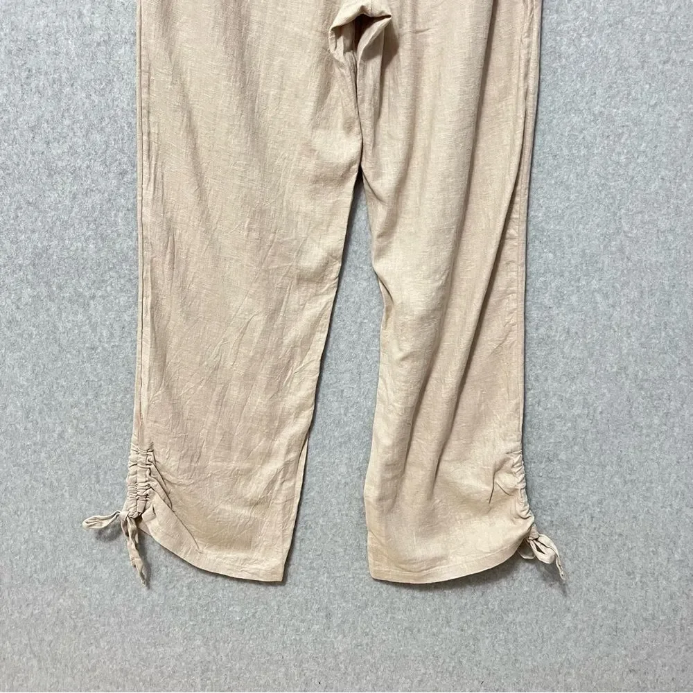 d&co Naturals Linen Blend Pull On Pants Size Small Tan Cinched Tie Ankles Beach